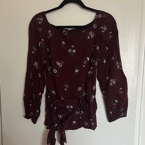Ann Taylor Burgundy Floral Tie-Front Blouse